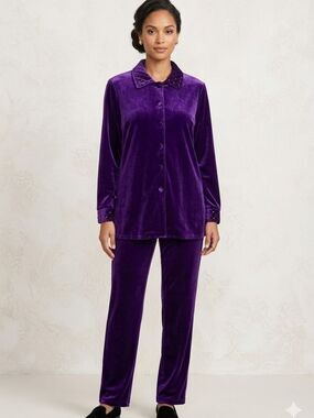 Vintage Erin London Royal Purple Velvet 2-Piece Pant Set Med Regal